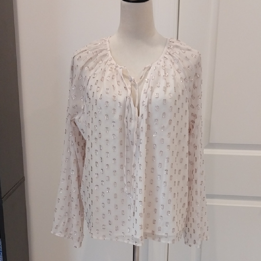LOFT Cream Metallic Dot Tie-Front Blouse